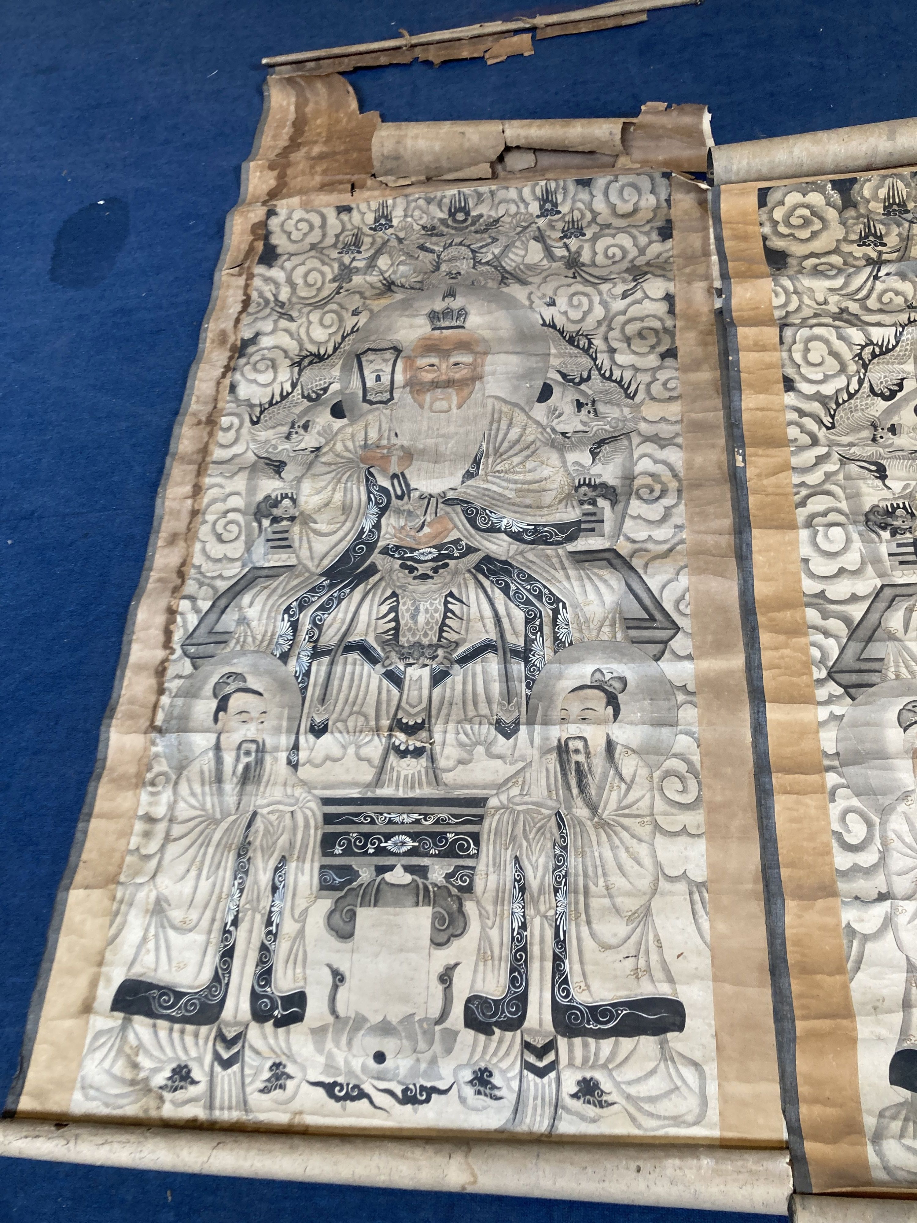 Two Chinese scroll paintings on paper of deities, early 20th century, image 148 x 75cm and two late Qing ancestor scroll paintings, ima